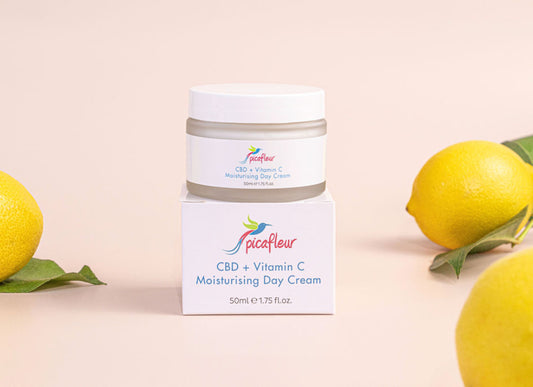 CBD and Vitamin C day cream displayed with lemons 